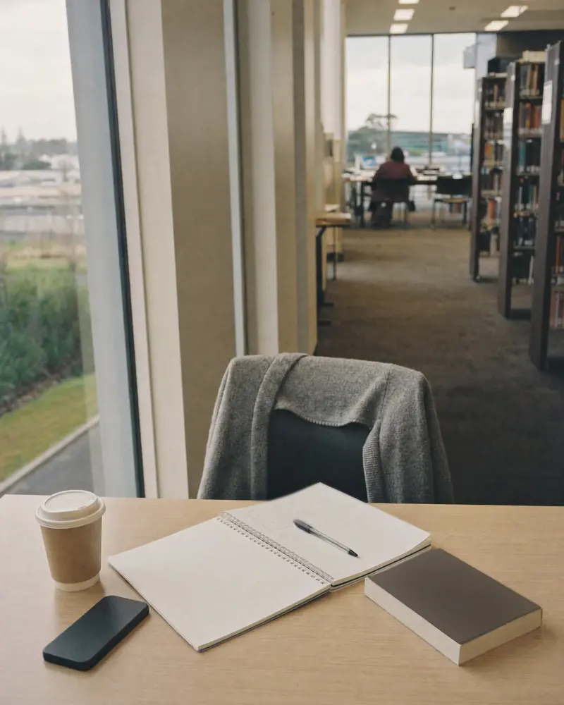 An open notebook, a pen and a library book on a table by the window in a Manukau library, a cardigan left over the chair