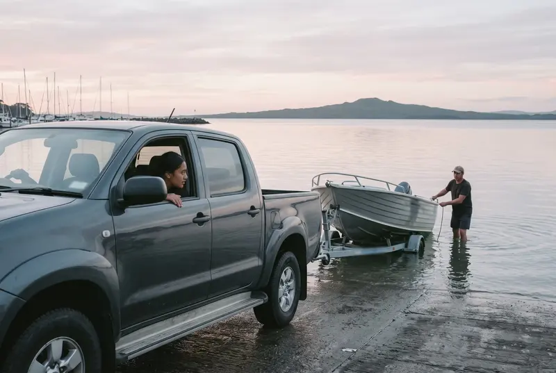Father and stepdaughter launching an aluminium trailer boat at the Half Moon Bay ramp, Auckland, at dawn