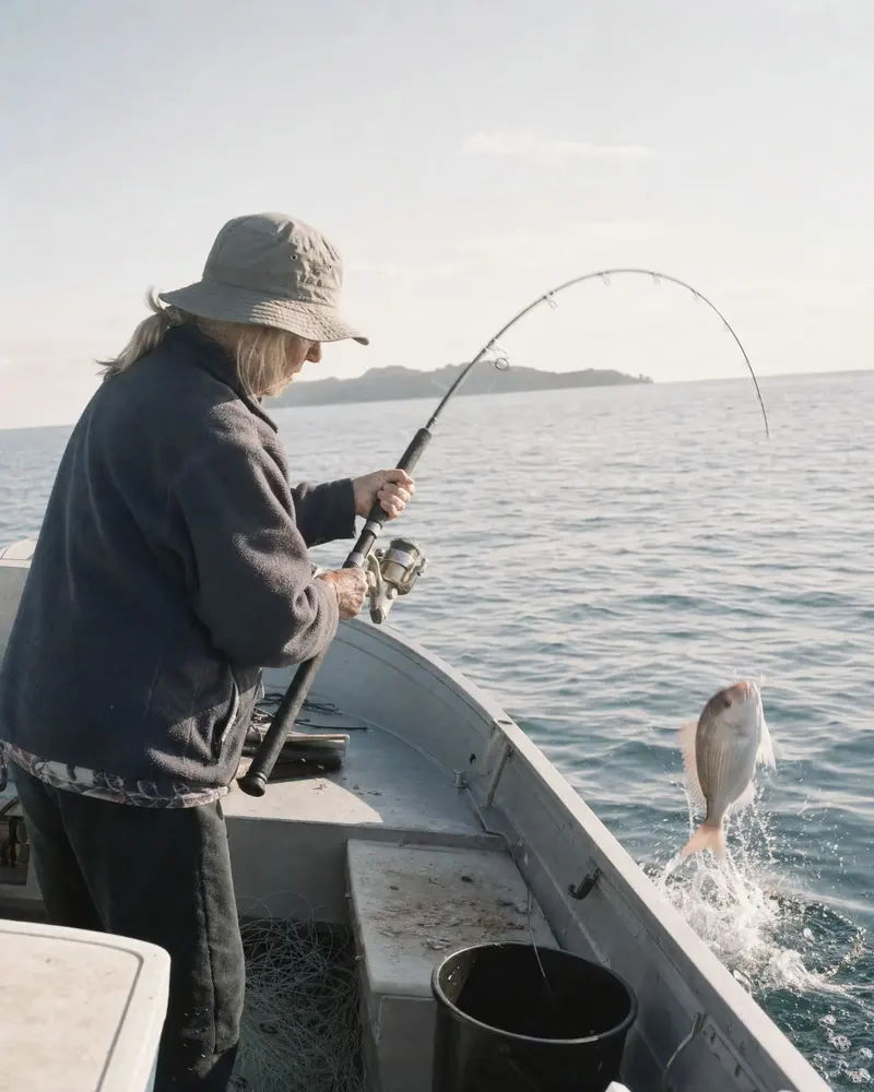Woman in her sixties reeling in a snapper over the side of a small aluminium boat on the Hauraki Gulf
