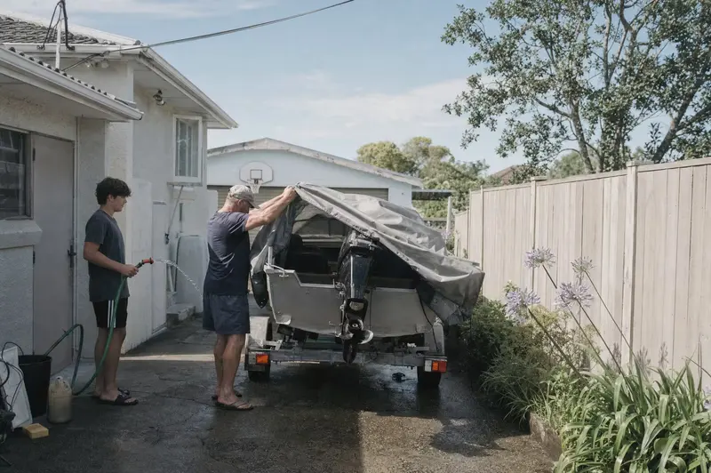 Man checking the outboard under a grey cover beside a plaster house in Bethlehem, Tauranga, while his son holds a hose