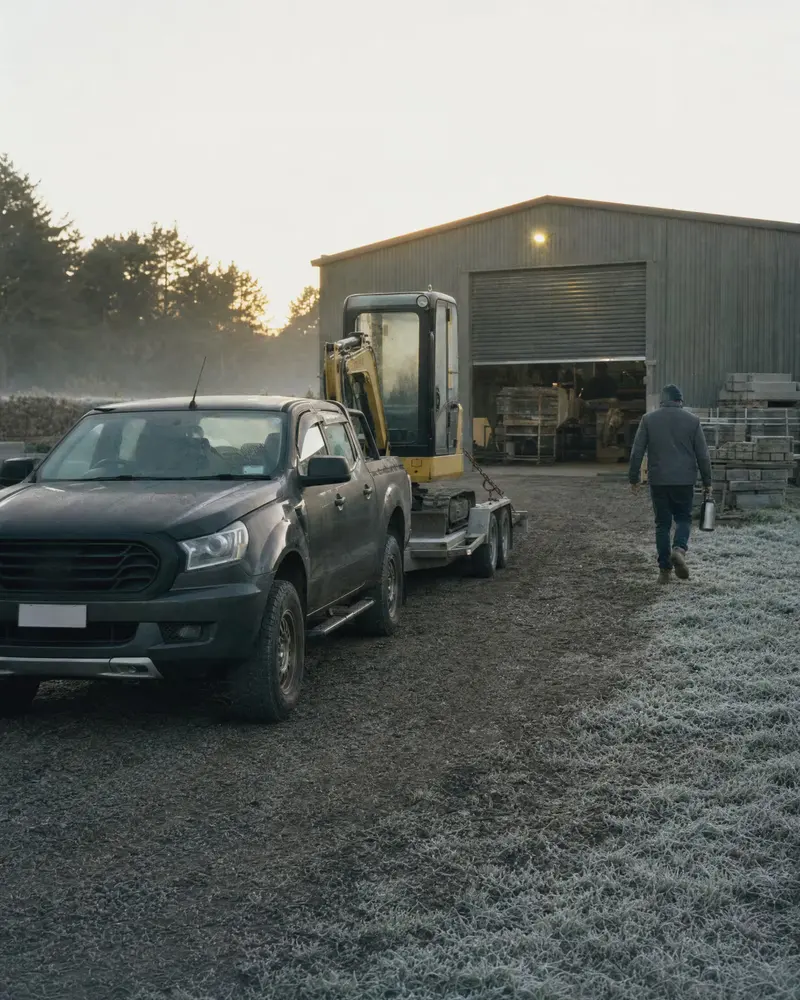 A ute hitched to a trailer carrying a mini-digger in a frosty Hamilton yard at dawn, the owner walking to the shed with a thermos
