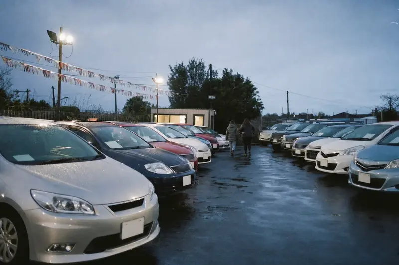Choosing a car on finance: closing time at a used car yard on Great South Road, Ōtāhuhu, wet rows of Japanese-import hatchbacks under the floodlights and two people walking between them