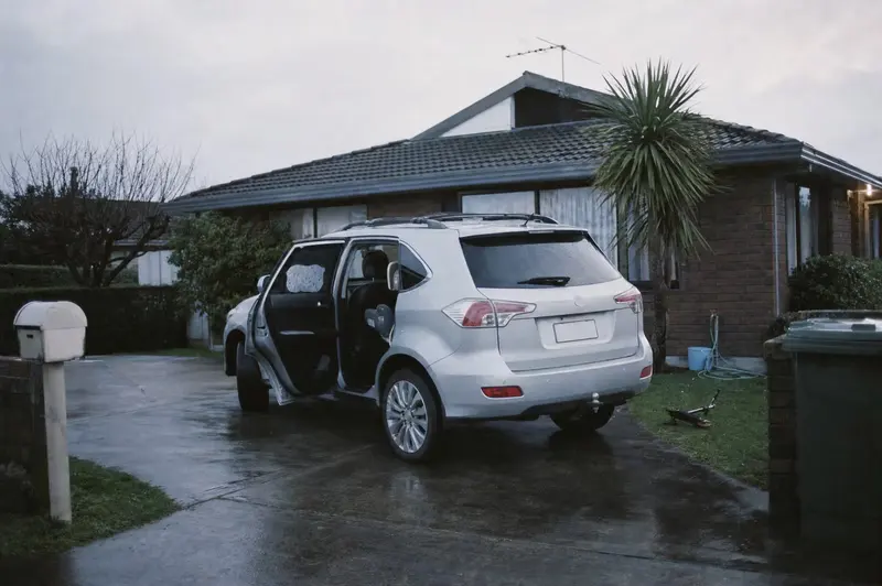 A silver family SUV with its doors open and a booster seat in the back, parked on a wet driveway outside a brick-and-tile house in Hamilton