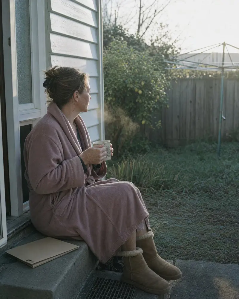 Woman in a dressing gown on the back step of a Lower Hutt house at sunrise, holding a cup of tea beside one closed folder