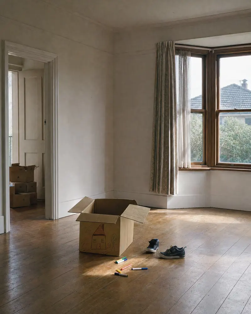 The empty front room of a Mount Albert villa on moving day: a box with a child's drawing of a house, felt pens and small shoes on the rimu floor