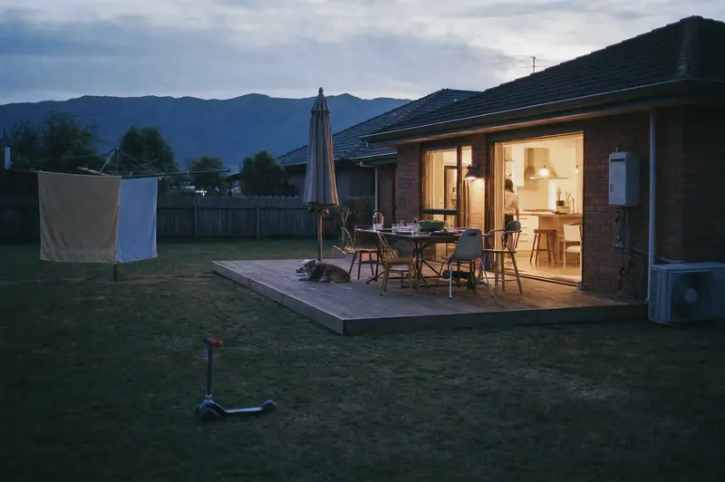 Dinner set out on the back deck of a Halswell home in Christchurch at dusk, the ranchslider open and the Port Hills behind