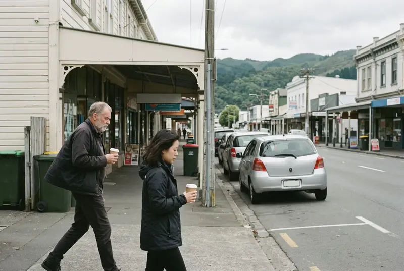 Two people carrying takeaway coffees pass under the shop verandas on Jackson Street, Petone, on a windy afternoon