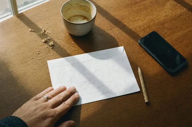 Loan repayment sums in pencil on the back of an envelope beside a phone and a flat white on a rimu table
