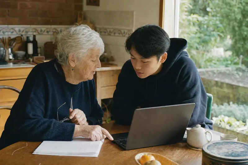Grandmother and grandson working through numbers on a notepad and laptop at a sunny Nelson kitchen table