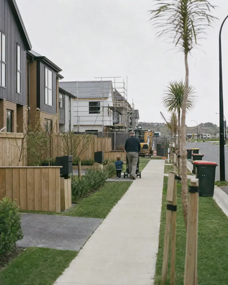 New two-storey homes going up in Flat Bush, Auckland, a grandfather pushing a pram along the new footpath towards the building site