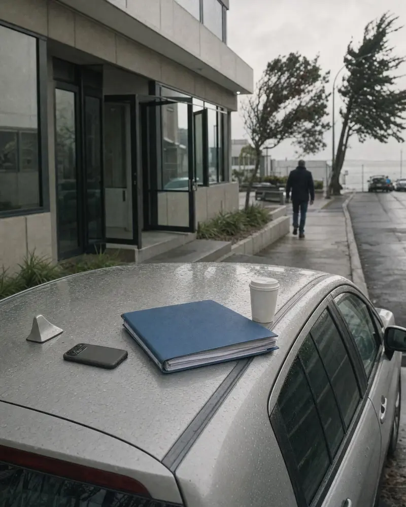 A phone and a thick client folder left on the roof of a car outside a Takapuna office block on a windy, wet day