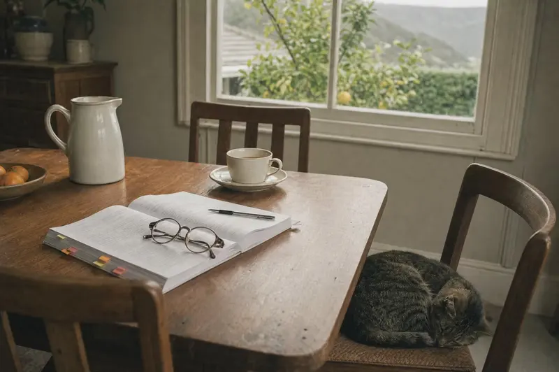 Home loan documents marked with sticky flags, reading glasses and a cup of tea on a Nelson dining table, a cat asleep on the next chair