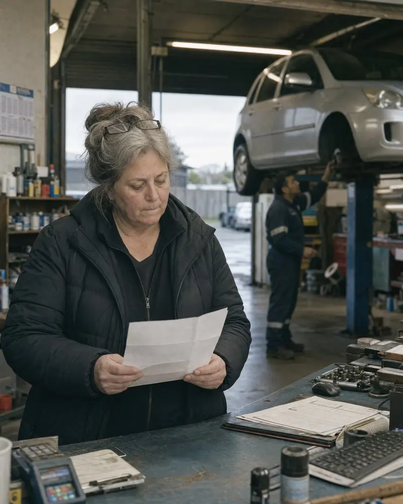 Woman in a puffer jacket reads a repair quote at a Christchurch workshop counter while a mechanic points to her car on the hoist