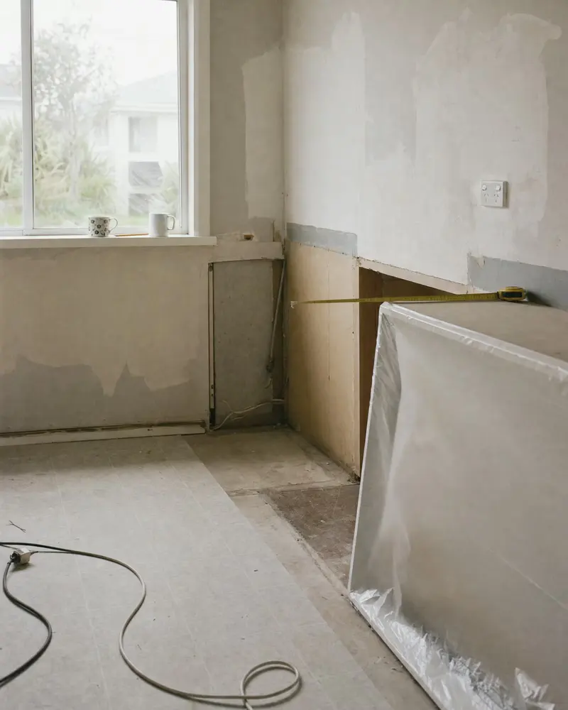 A half-renovated 1960s Wellington kitchen, a tape measure stretched across the gap for the new oven and two mugs on the sill