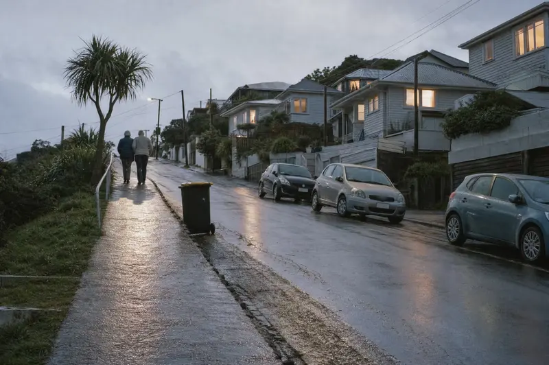 An older couple walk arm in arm up their street in Tawa at dusk after rain, house lights coming on along the hill